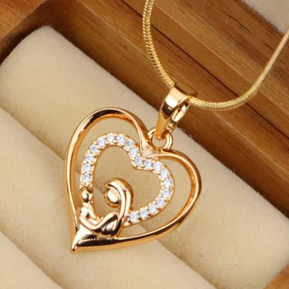 "Rose Gold Mother and Child Heart Pendant with Sparkling CZ Accents, XPPT1377 - Picture 1 of 13